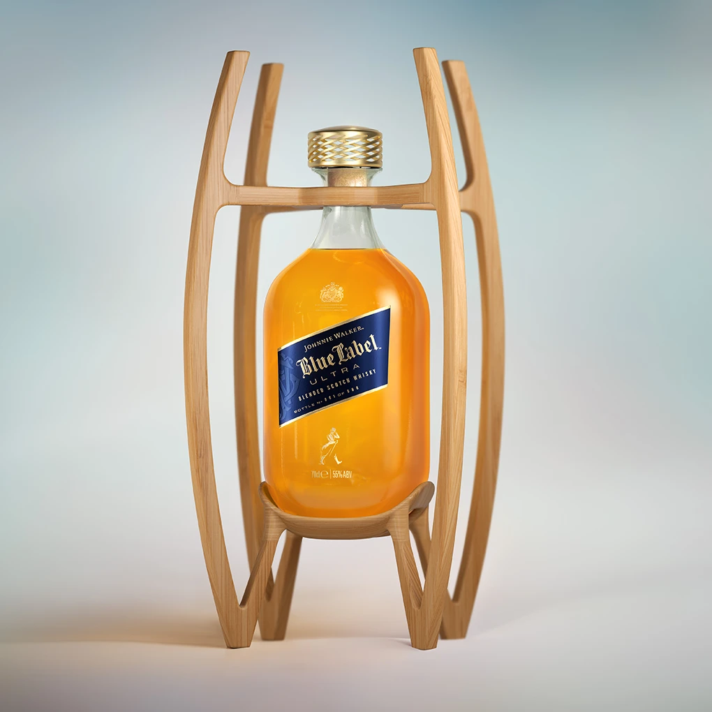 A bottle of Johnnie Walker Blue Label whisky is displayed in an elegant, modern wooden stand with curved supports, set against a soft, pale gradient background.