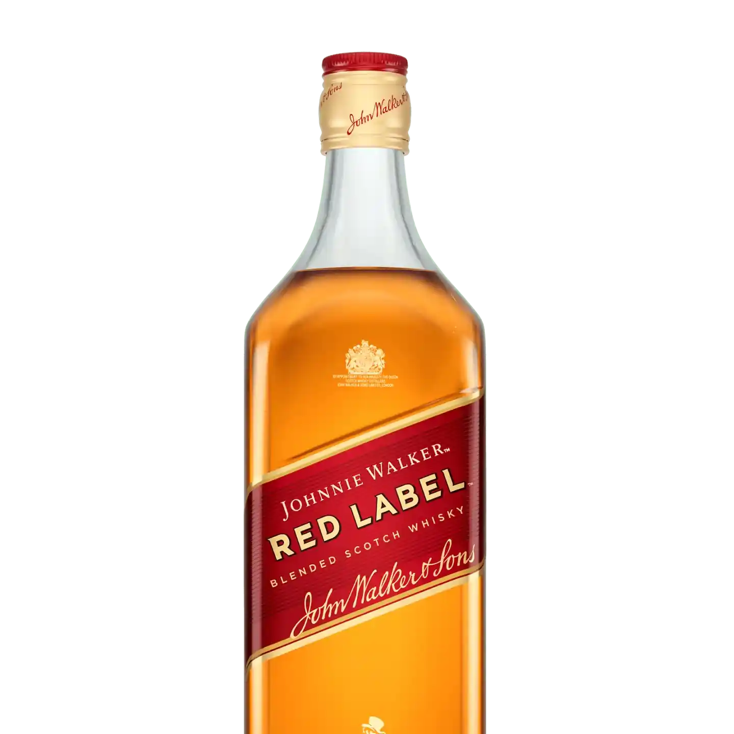 Một chai rượu whisky pha trộn Johnnie Walker Red Label Scotch có nhãn màu đỏ và chữ màu vàng. Nắp được niêm phong bằng màu đỏ và có logo Johnnie Walker. Rượu whisky bên trong có màu hổ phách đậm.