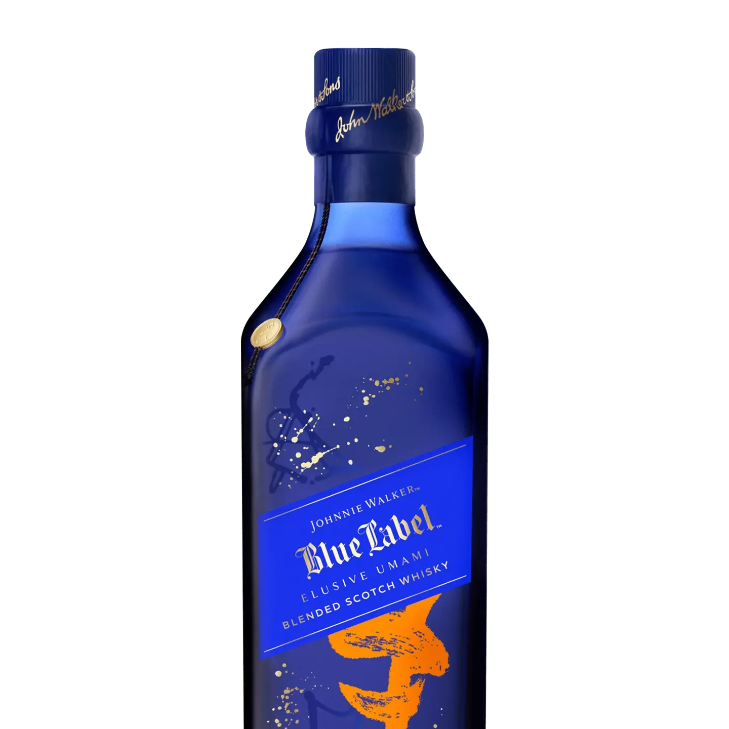 A blue bottle of Johnnie Walker Blue Label Elusive Umami blended Scotch whisky features a sleek design with gold and orange accents. The bottle has a blue cap and label, and artistic splashes and graphics enhance its appearance.