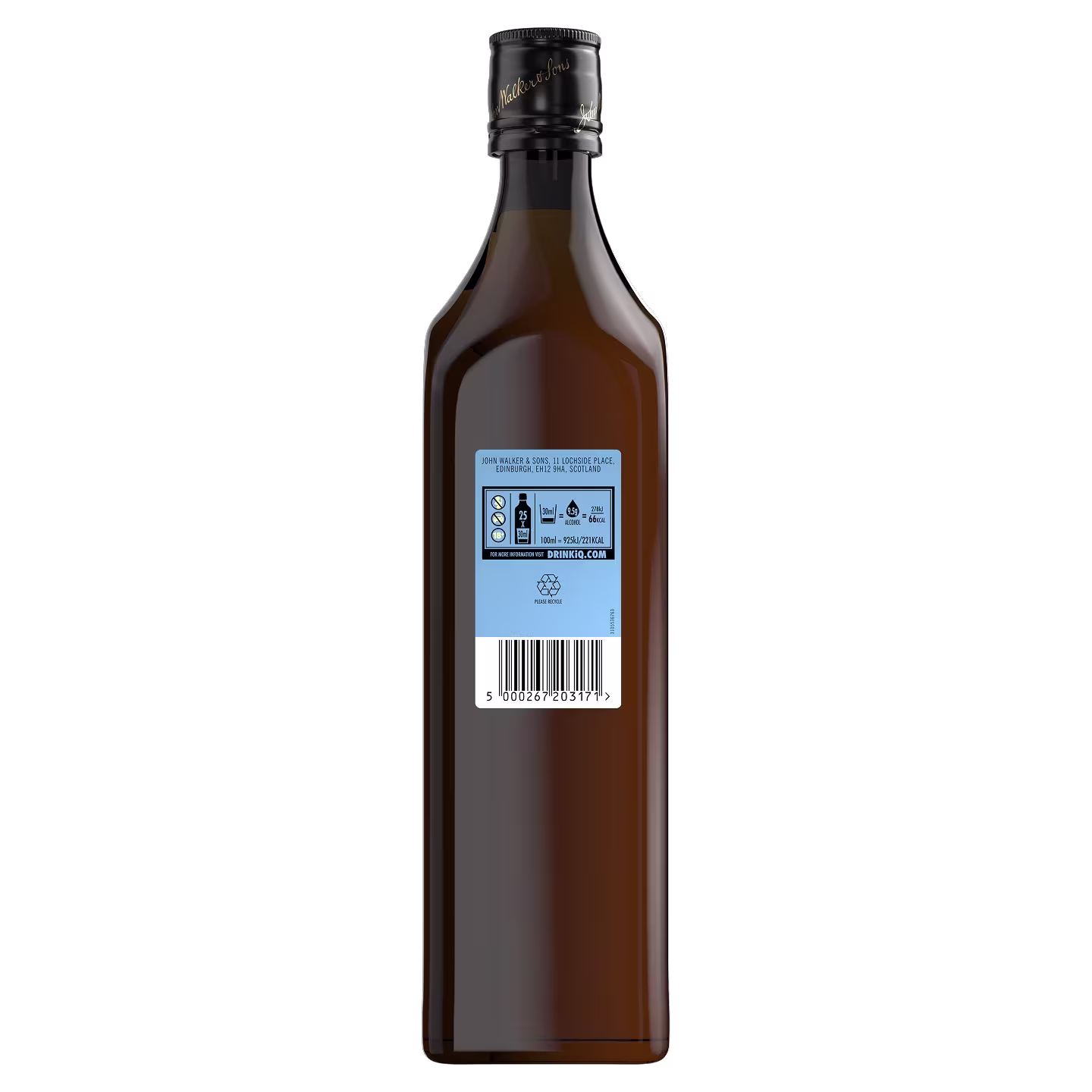 A brown glass bottle with a blue label, barcode, and recycling symbols on the back.