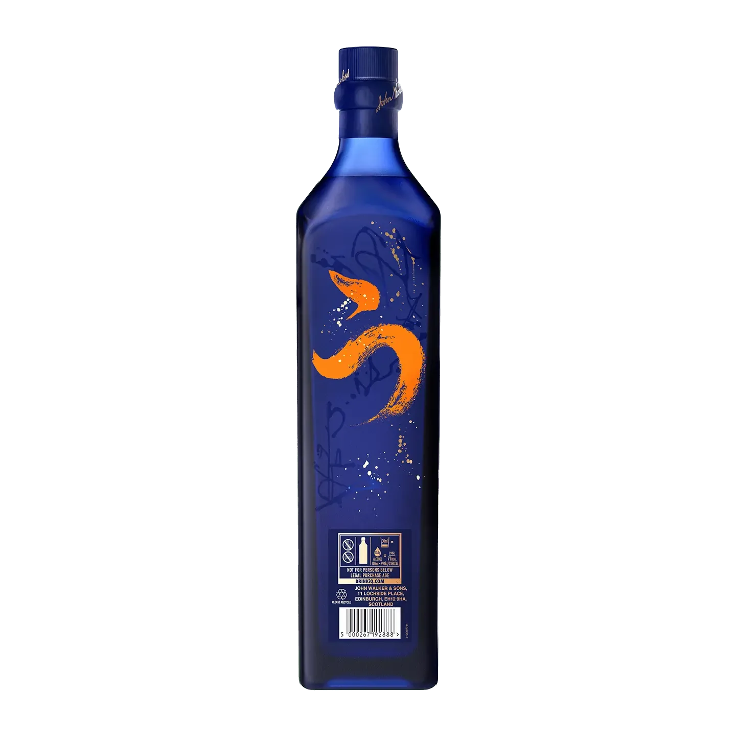 A blue bottle of Johnnie Walker Blue Label Elusive Umami with artistic orange and black markings. It has a sleek design and features a cap at the top. A barcode and text are visible on the lower front.