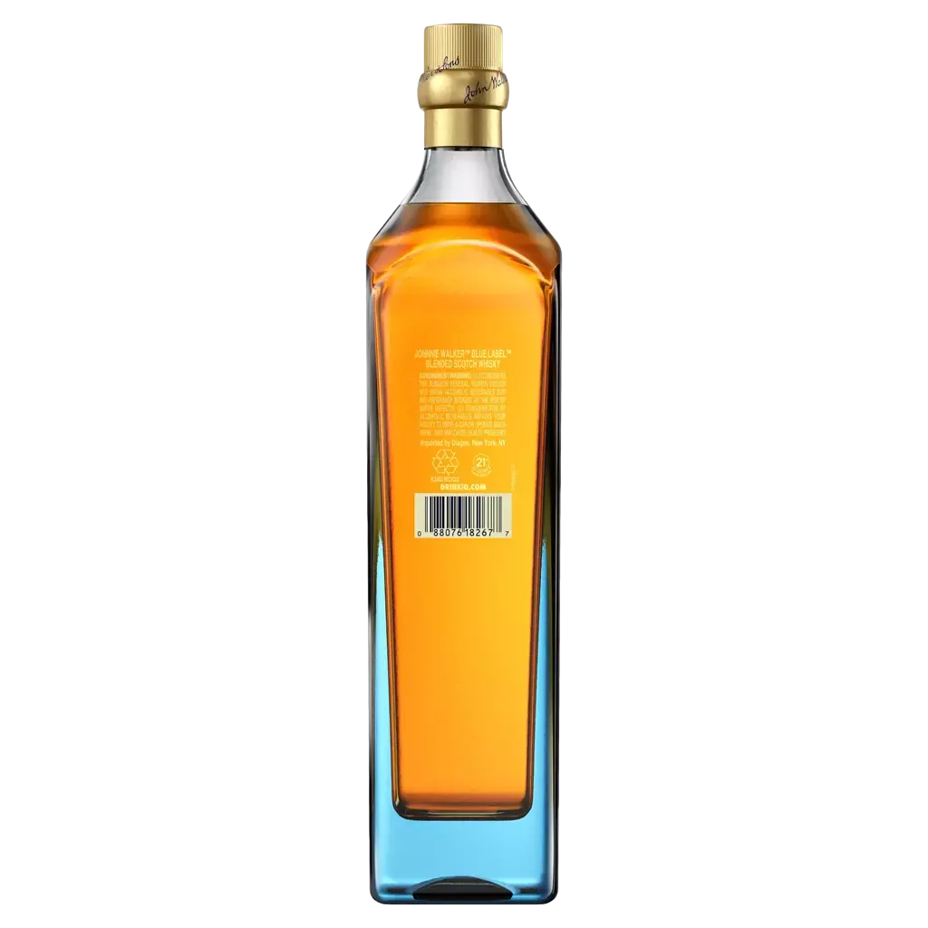 A tall, slender bottle of Johnnie walker Blue Label chicago whiskey with a gold cap. The bottle is filled with amber liquid and has a label with text and a barcode. The design is elegant and modern, with defined edges and a transparent glass.