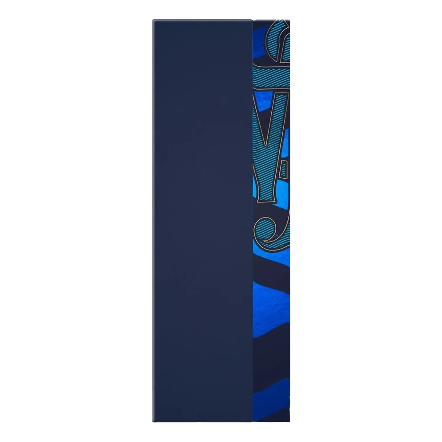 Tall rectangular box with a dark blue cover. The side displays part of text in large, ornate letters on a vibrant blue patterned background.