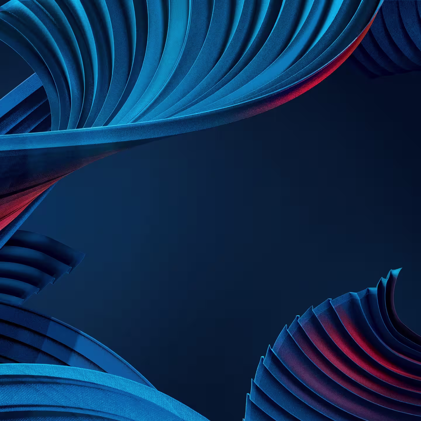An abstract 3D design with flowing, curved shapes. The shapes appear to be layered and have a smooth, fabric-like texture. The background is a dark blue, which contrasts with the lighter blue and red elements, creating a visually striking effect.