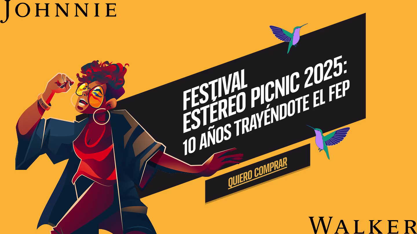 Ilustración de una mujer cantante con gafas de sol y cabello rojo junto a una pancarta amarilla y negra que anuncia el Festival Estéreo Picnic 2025: 10 años trayéndote el FEP. Se muestran dos colibríes y un botón con la leyenda "Quiero comprar".