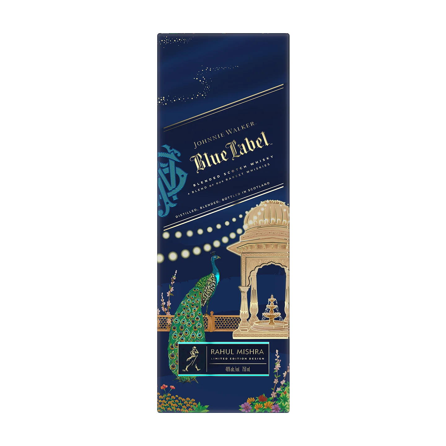 A decorative Johnnie walker blue label x rahul mishra limited edition design box featuring gold text, an illustrated peacock, ornate architecture, and floral patterns on a deep blue background. The box highlights a collaboration with Rahul Mishra.