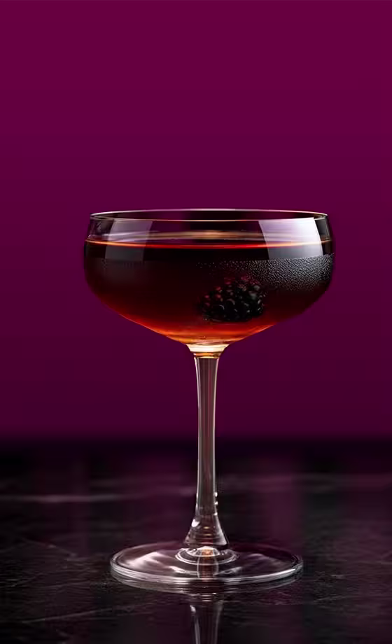 A coupe glass filled with a dark brown, bubbly drink garnished with a blackberry, set against a rich purple background. The glass sits on a dark, glossy surface, reflecting its base.