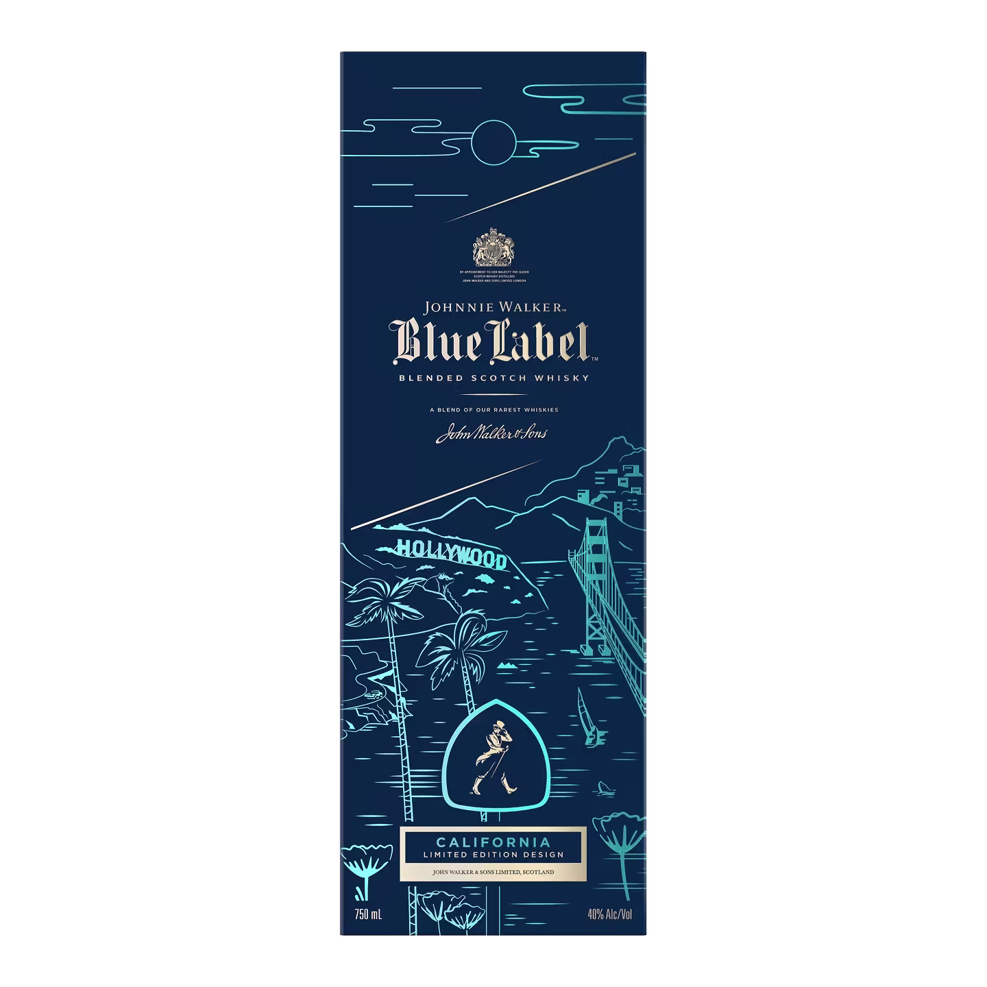 Johnnie Walker Blue Label box with a Hollywood illustration and gold text, featuring “California Limited Edition.”.