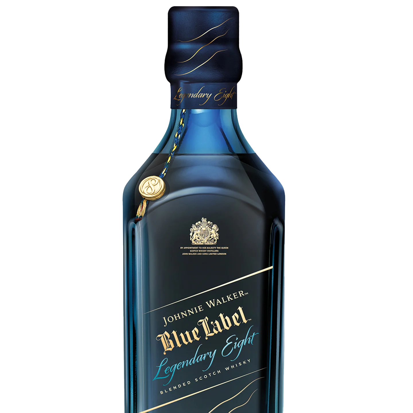 A close-up of a Johnnie Walker Blue Label Legendary Eight Scotch whisky bottle, featuring a blue and gold label with elegant script and a decorative gold seal on the neck.