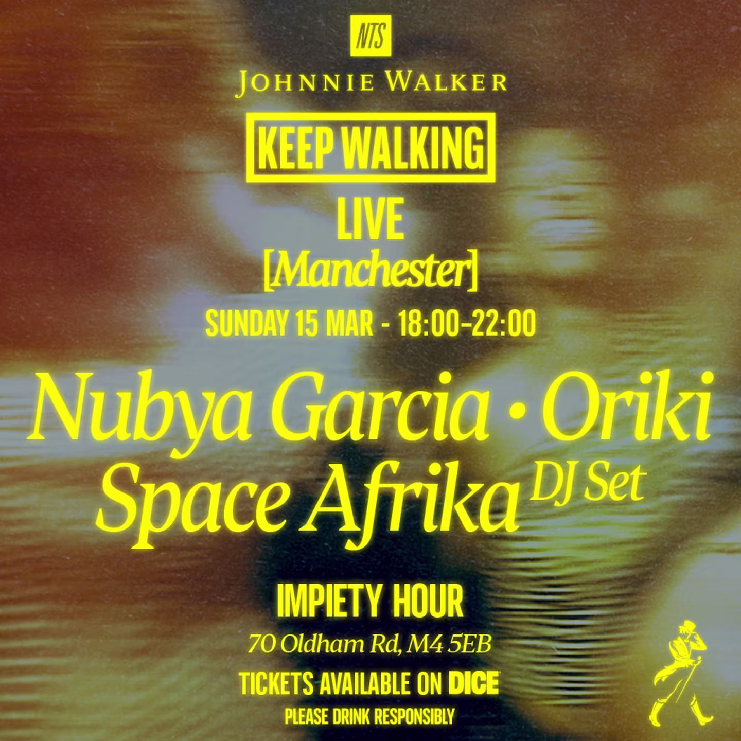 A yellow and black event poster for Keep Walking Live [Manchester] on Sunday, 15 March, 18:00–22:00, featuring Nubya Garcia, Oriki, and Space Afrika DJ Set at Impiety Hour, 70 Oldham Rd, tickets on Dice.
