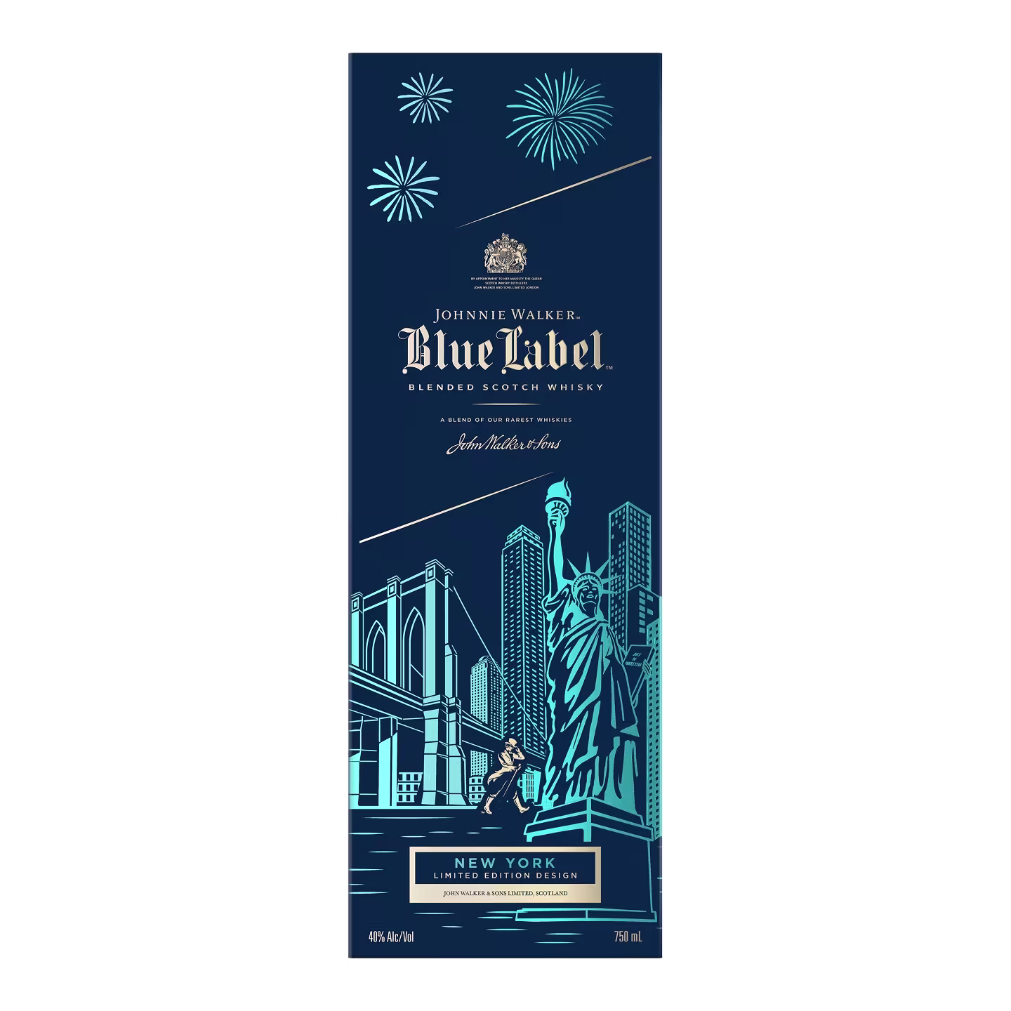 Johnnie Walker Blue Label New York Edition box with city skyline, Statue of Liberty, and fireworks design.