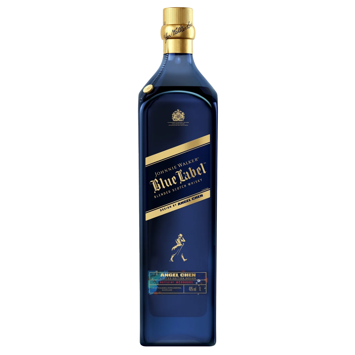 A blue bottle of Johnnie Walker Blue Label blended Scotch whisky with a gold cap and label, featuring the signature striding man logo near the bottom.