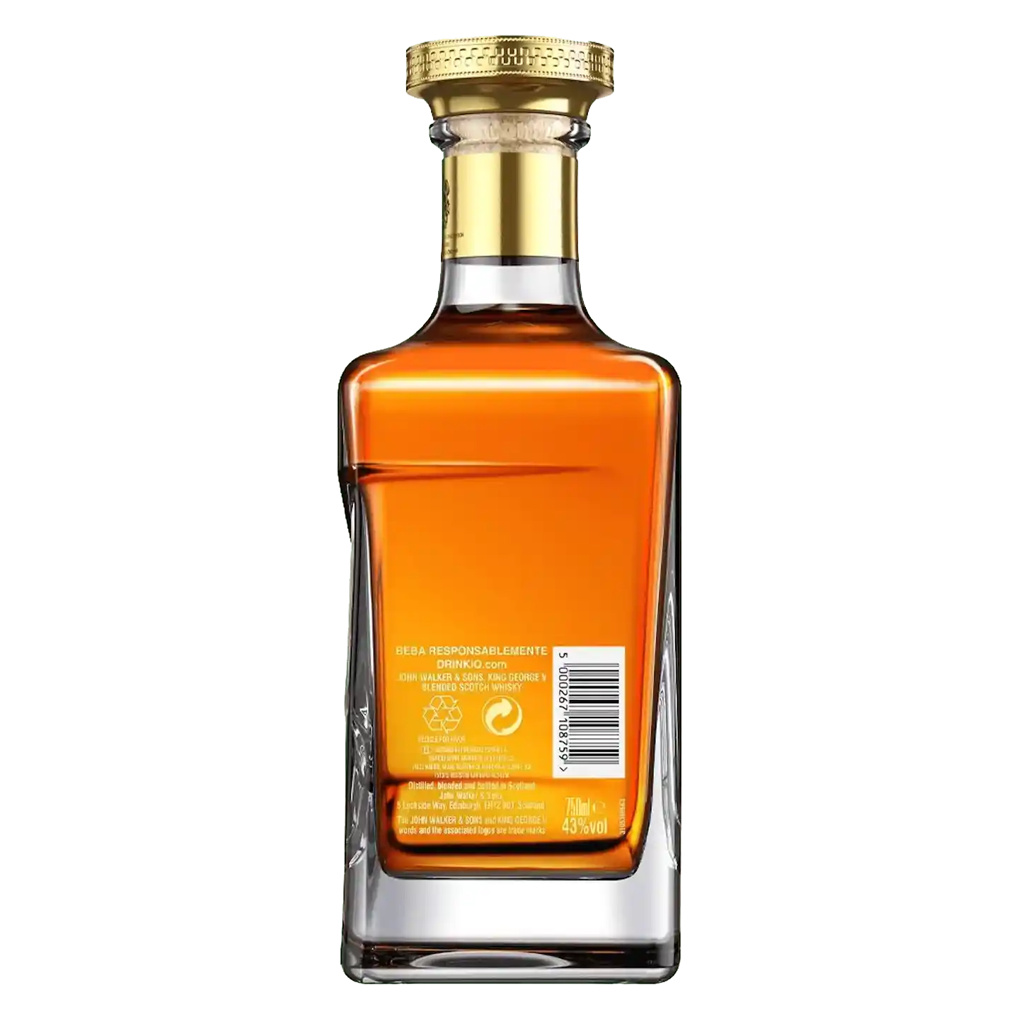 A parte de trás de uma garrafa de uísque escocês blended John Walker & Sons.