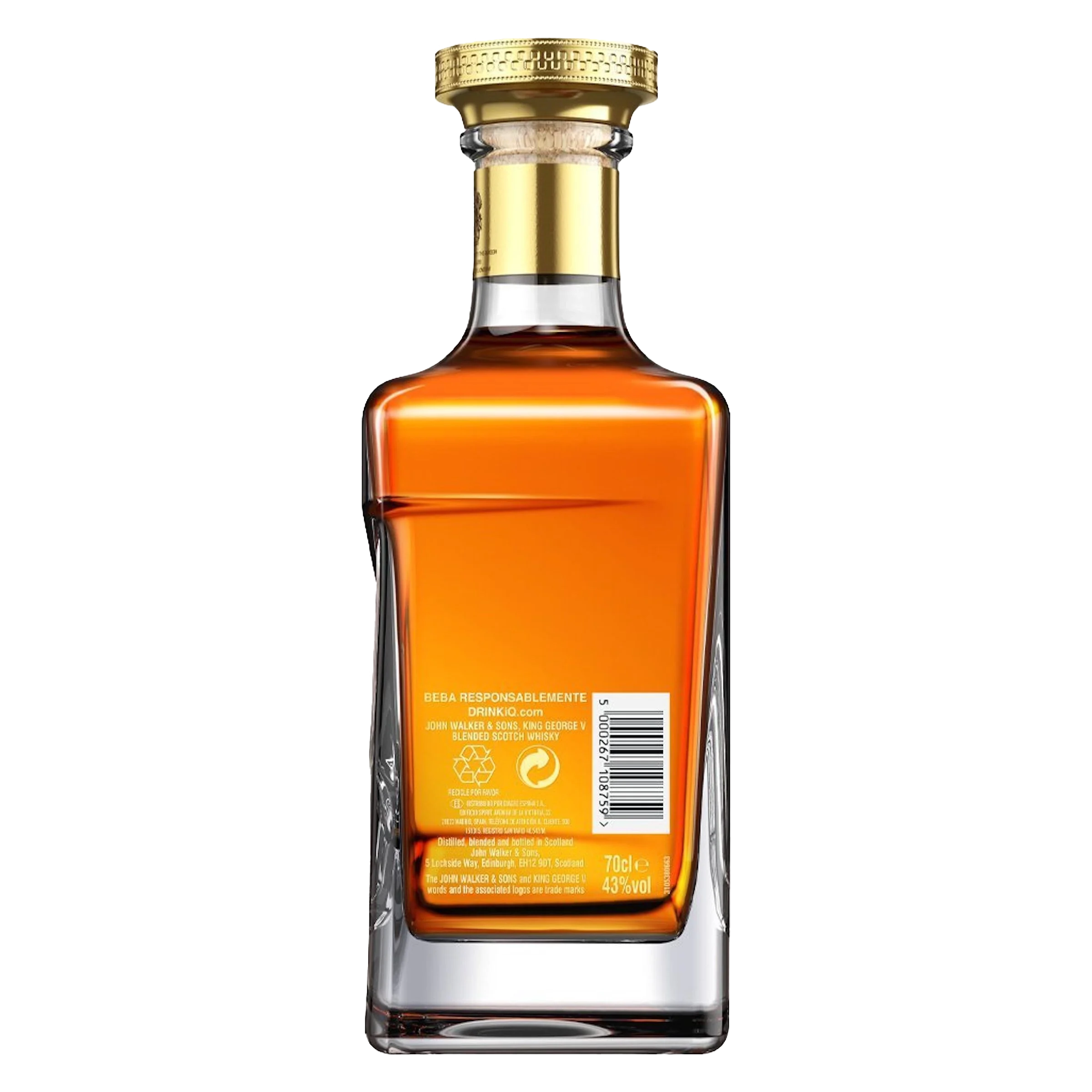 Ένα διαφανές γυάλινο μπουκάλι Johnnie Walker King George V με χρυσό καπάκι που περιέχει κεχριμπαρένιο υγρό. Το μπουκάλι έχει πίσω ετικέτα με κείμενο, σύμβολα ανακύκλωσης και γραμμωτό κώδικα.