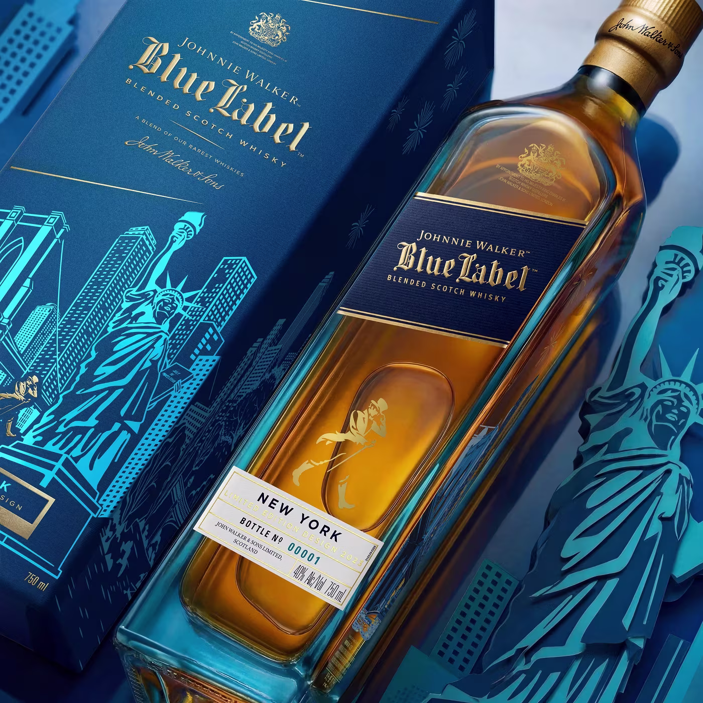 Johnnie Walker Blue Label New York Edition bottle and box, featuring Statue of Liberty illustrations.