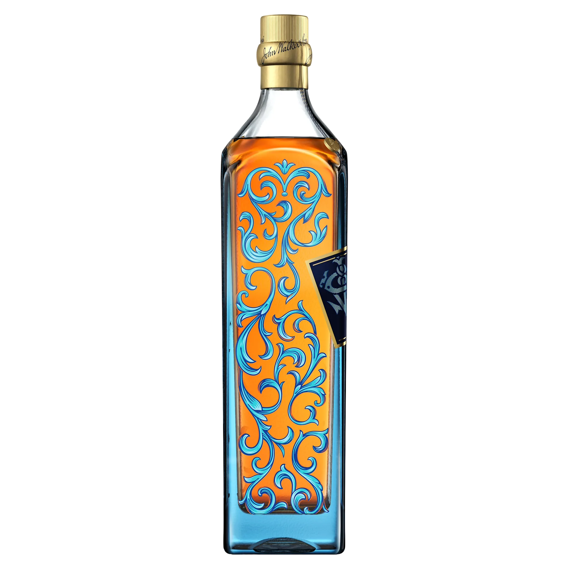 A tall, rectangular bottle of Johnnie Walker Blue Label Xordinaire whisky, featuring an intricate orange and blue swirling design. The label has a gold cap with sans-serif text. The background is plain and white.