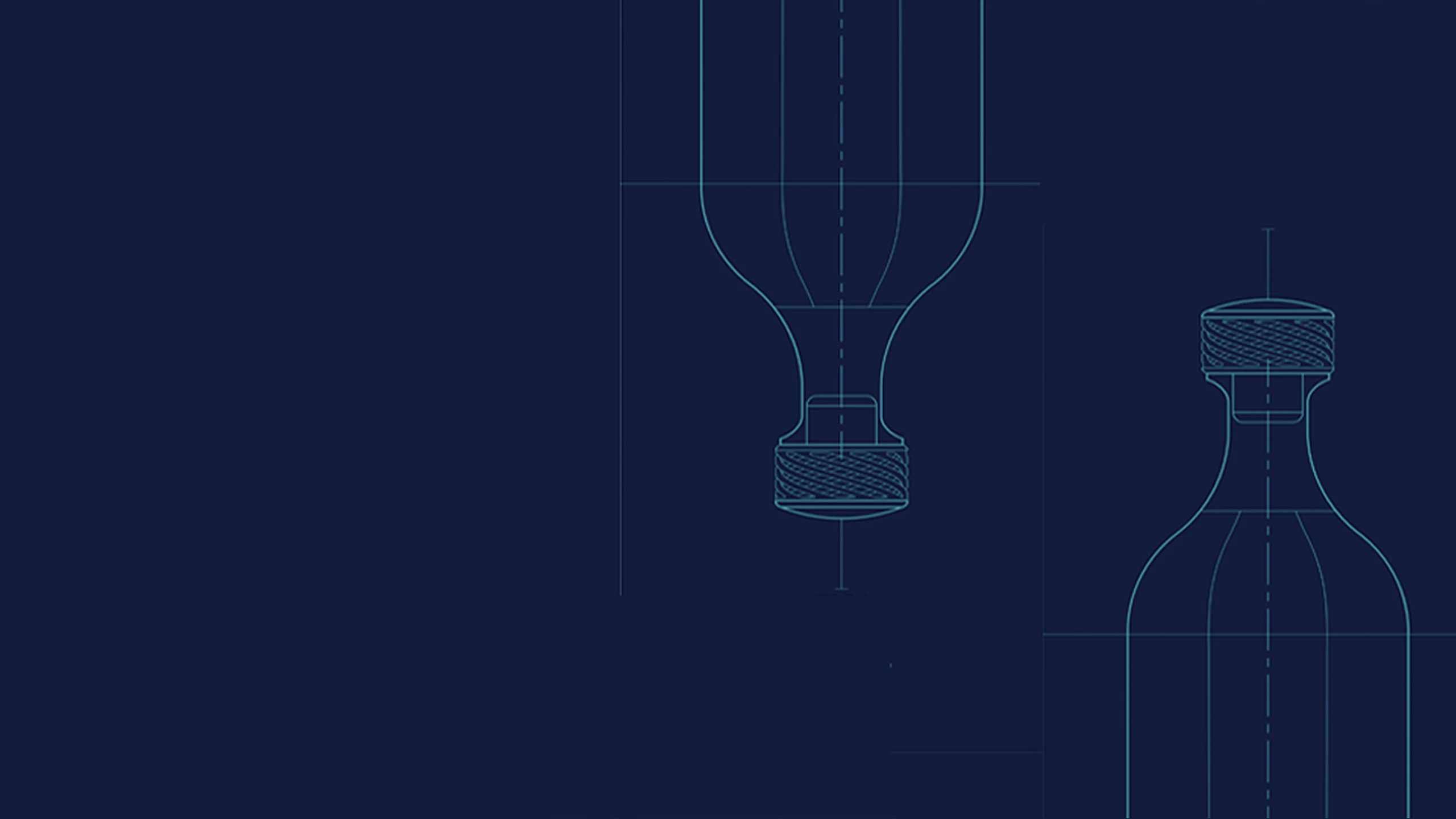 Blueprint-style drawing of a bottle on a dark blue background, featuring technical lines and measurements, with most of the bottle shown on the right side and part of it inverted on the left.