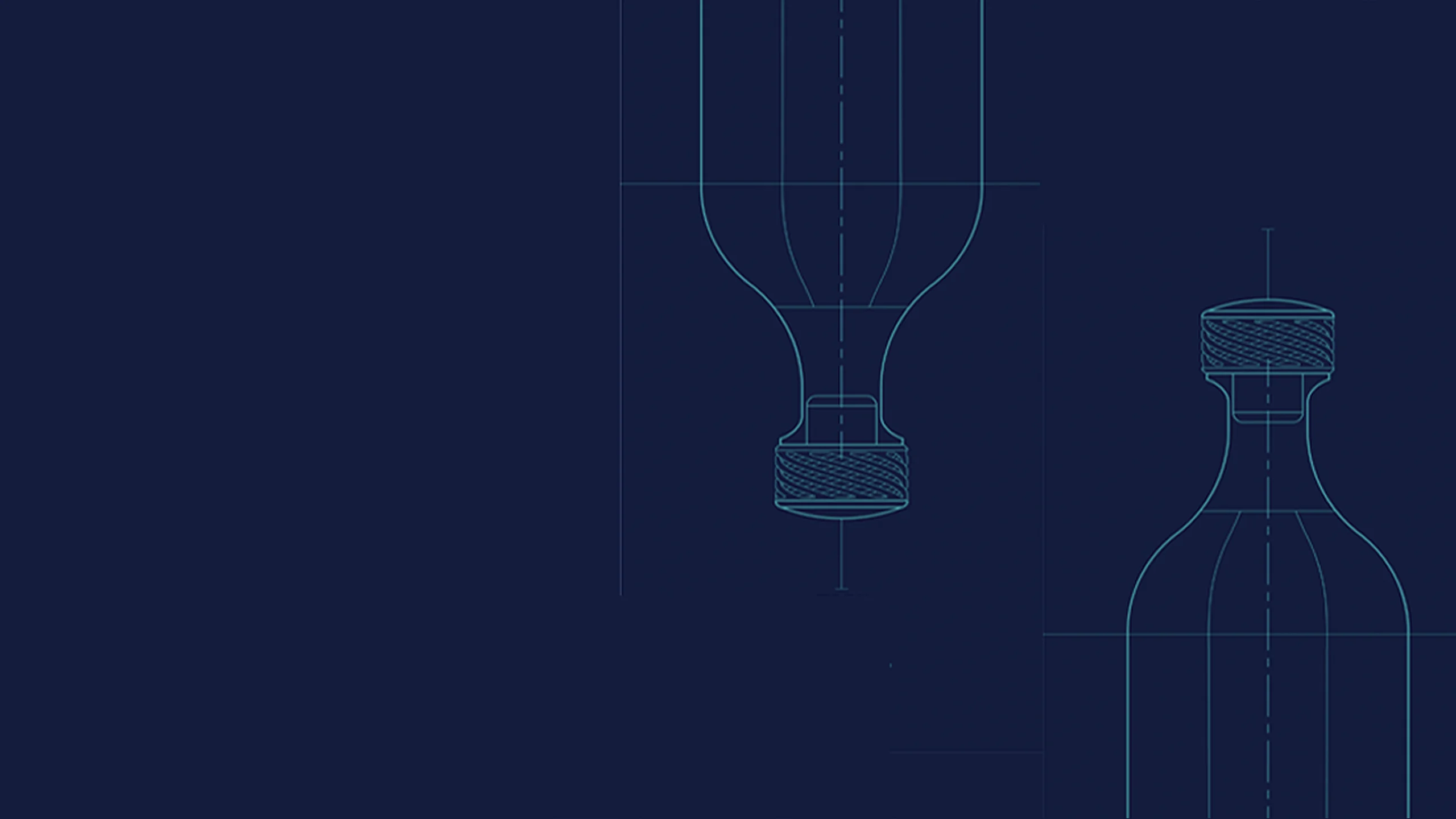 Blueprint-style line drawings of two glass bottles, one upside down and one upright, appear on a dark blue background. The bottles are outlined in light blue.