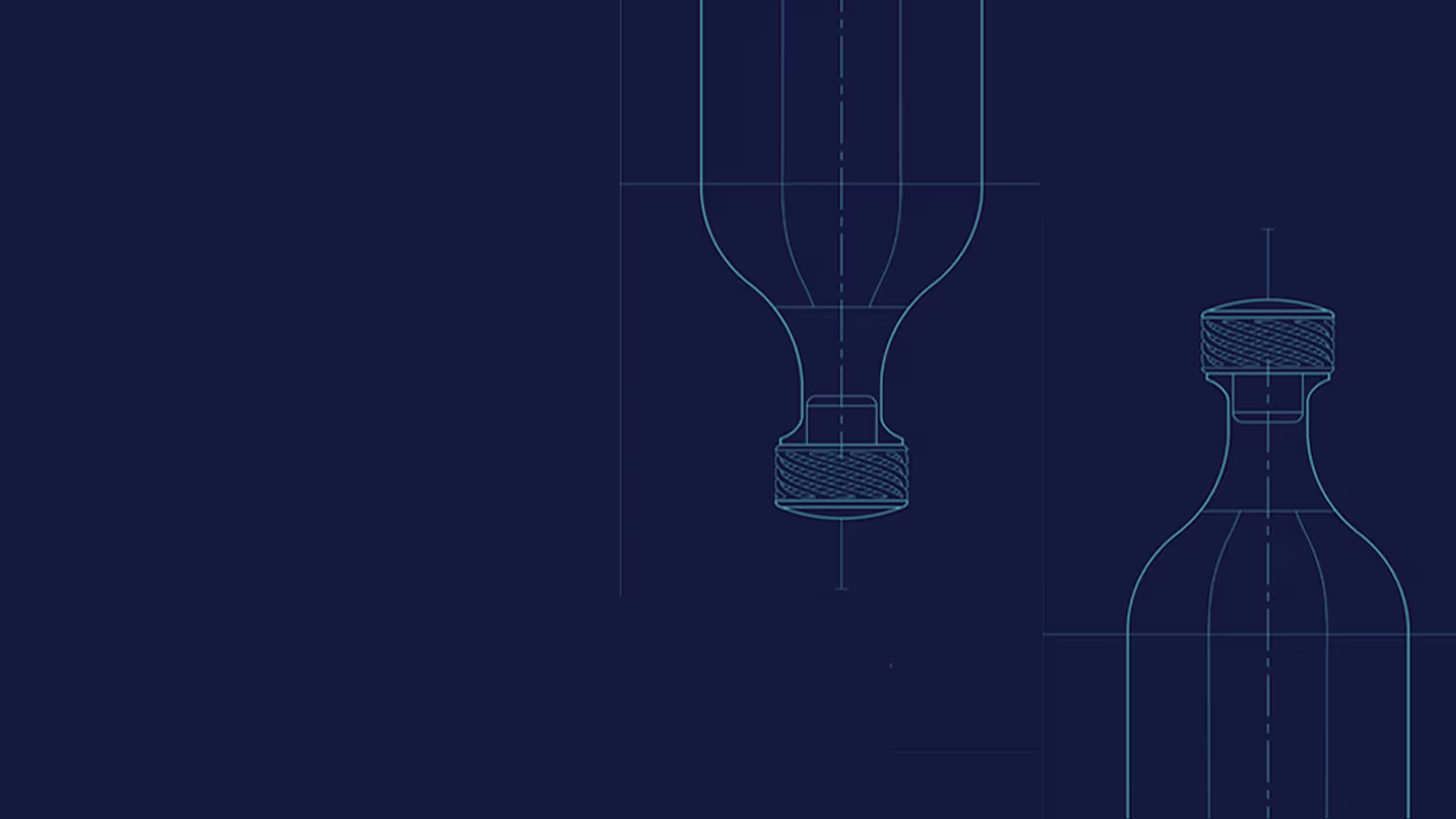 Un dibujo estilo plano de una botella, con líneas técnicas y medidas, que se muestra al revés a la izquierda y en posición vertical a la derecha, sobre un fondo azul oscuro.