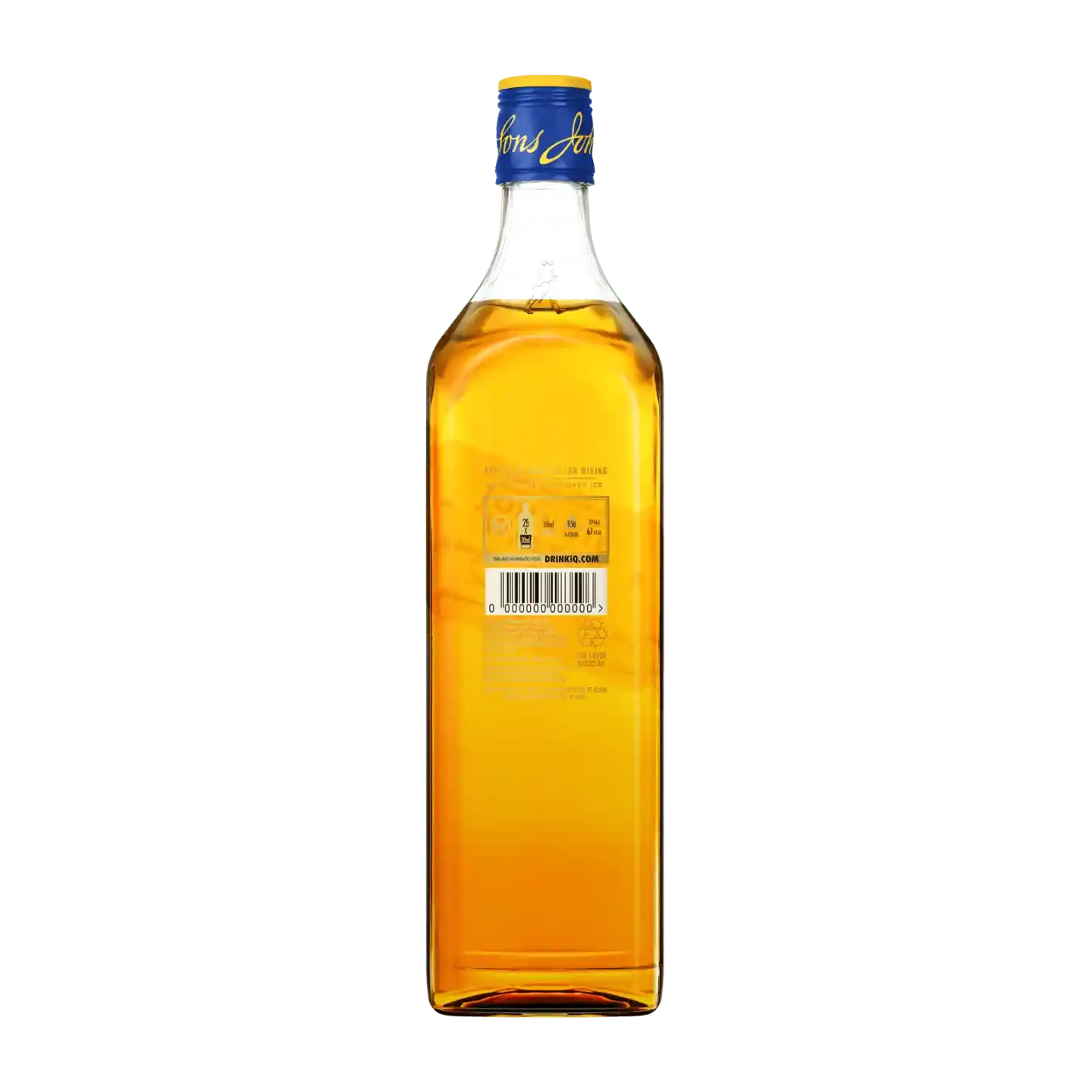 A glass bottle of amber liquid with a blue label and a gold top. 
