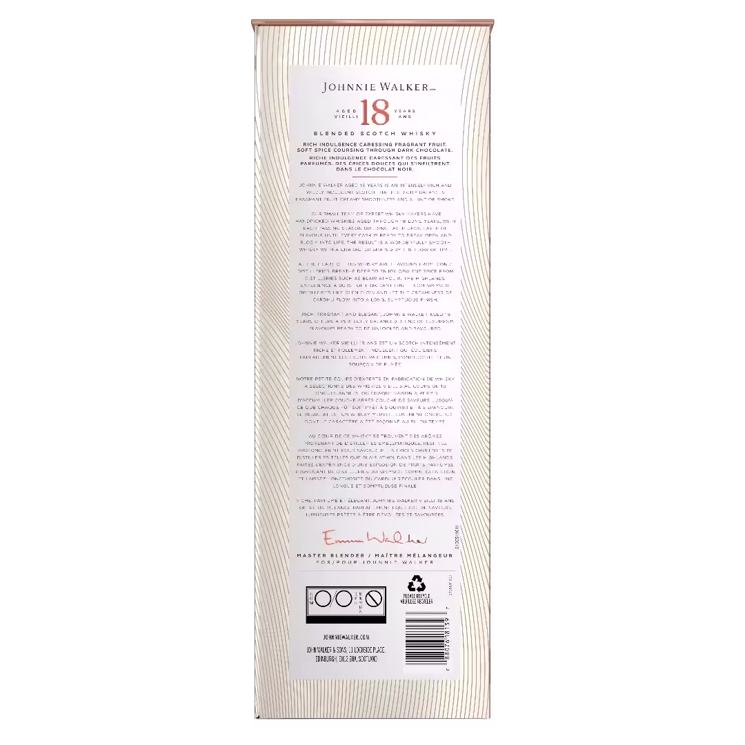 Гръб на кутия за шотландско уиски Johnnie Walker 18, показваща подробна информация за продукта, логото на Johnnie Walker, подписа, символите за рециклиране и баркод на кремав фон с фини ивици.