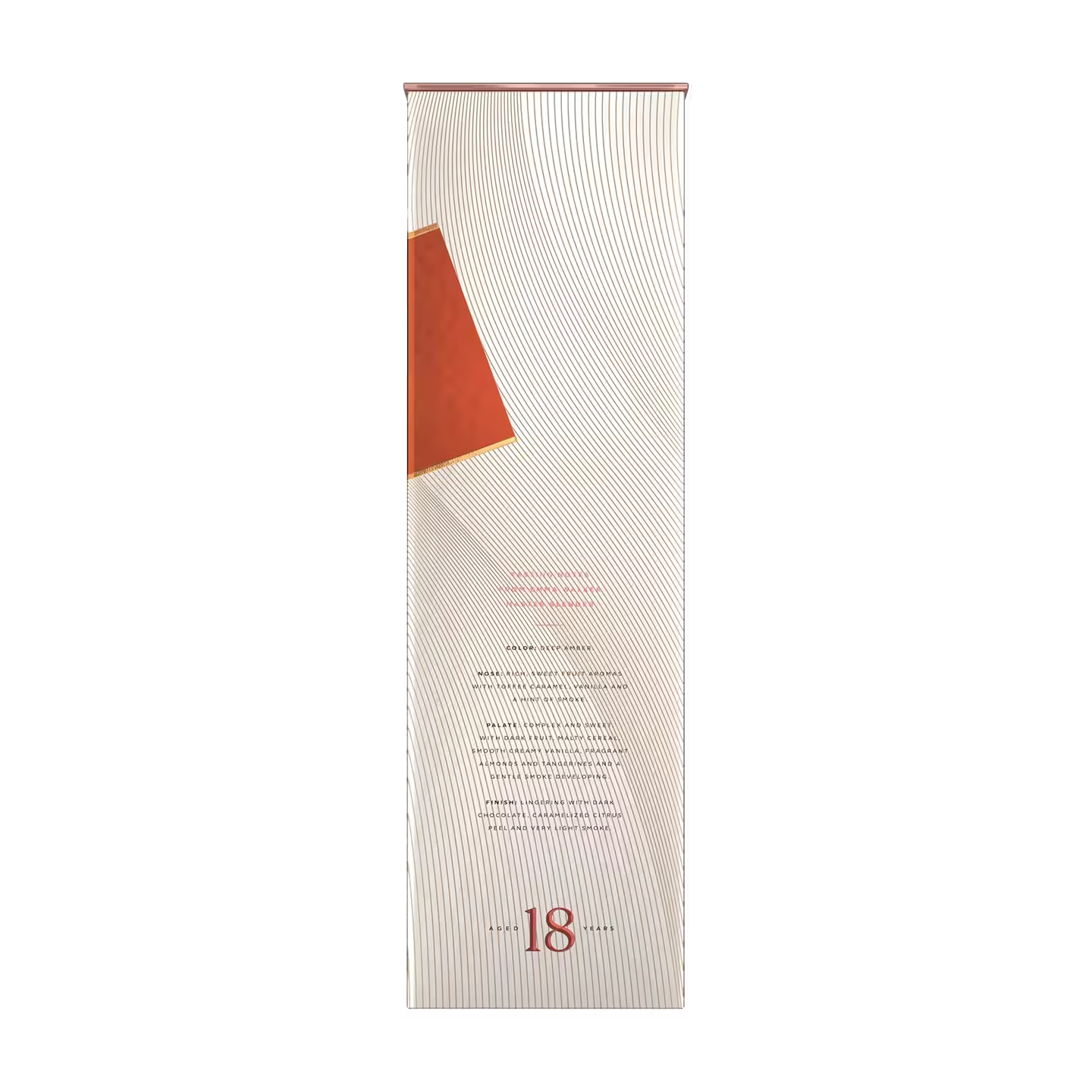 Tall rectangular box with abstract orange and beige geometric design, thin wavy lines, and the number 18 at the bottom. The design is minimal and modern.