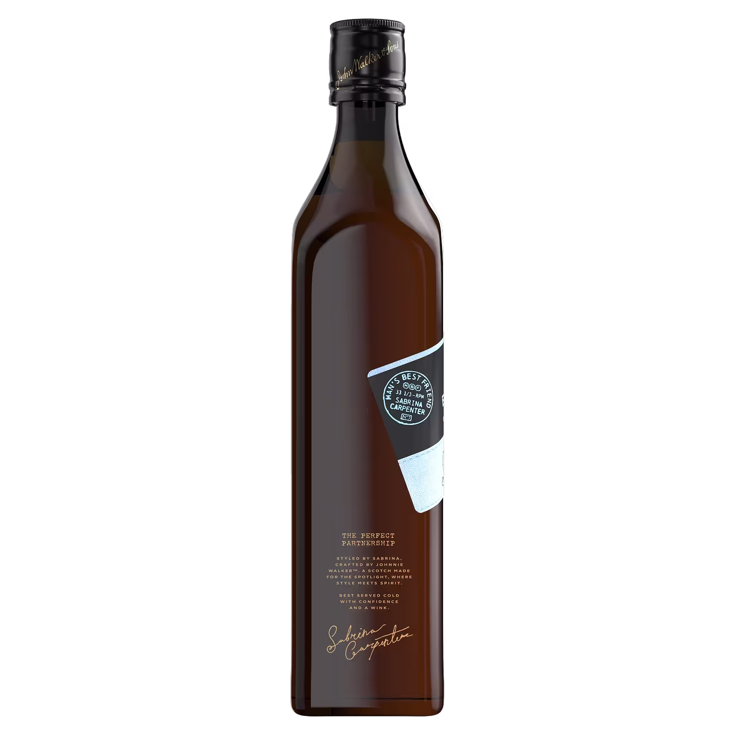 A dark brown glass olive oil bottle with a black cap and a blue and white label on a white background.