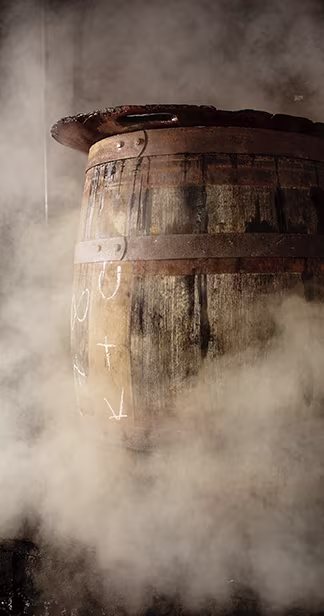 An ancient wooden barrel surrounded by thick steam or smoke and with a metal band around the barrel. White chalk marks on the wood are faintly visible. The atmosphere is rustic and mysterious.