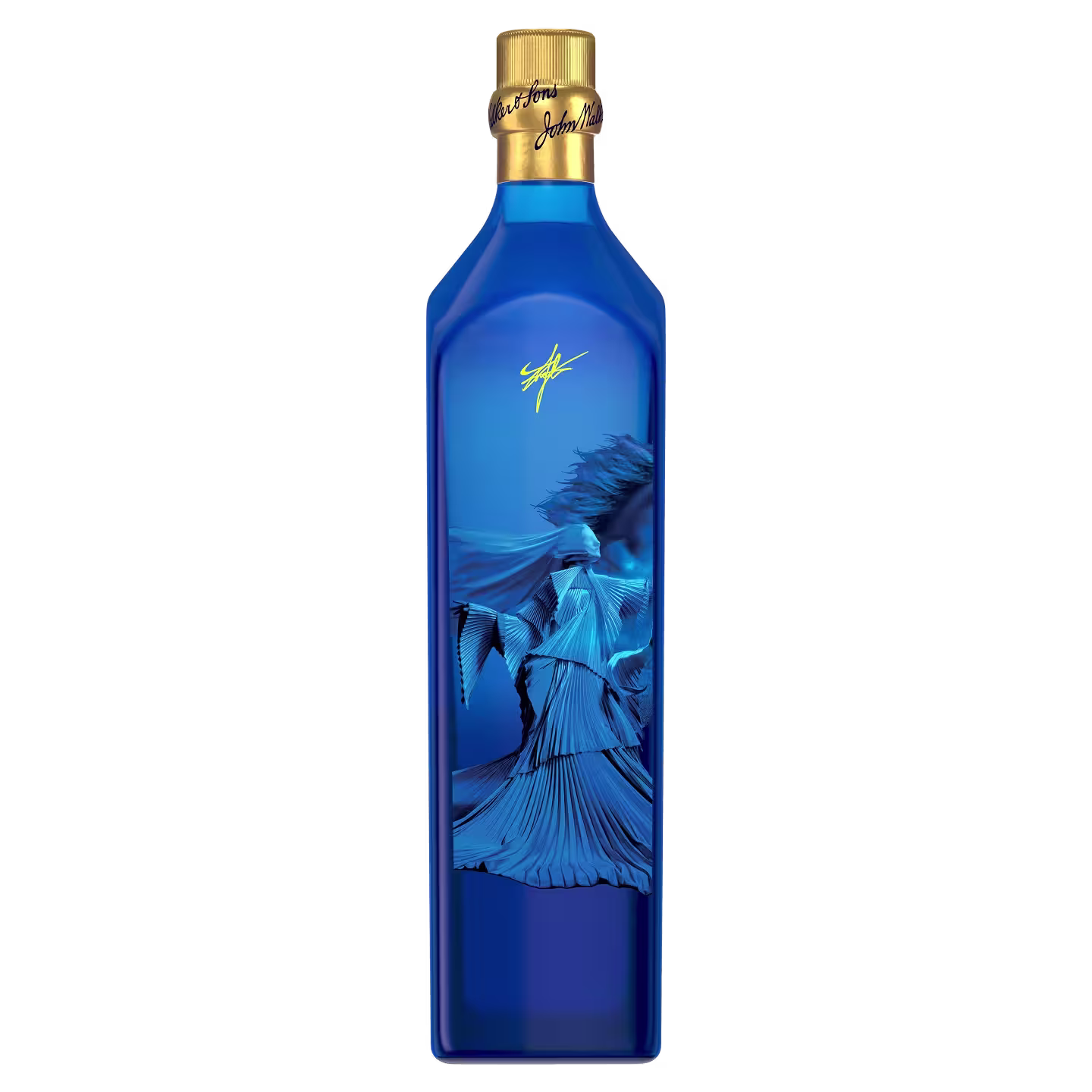 A blue bottle with a gold cap featuring an abstract design of flowing blue shapes and lines, and a yellow signature near the top.