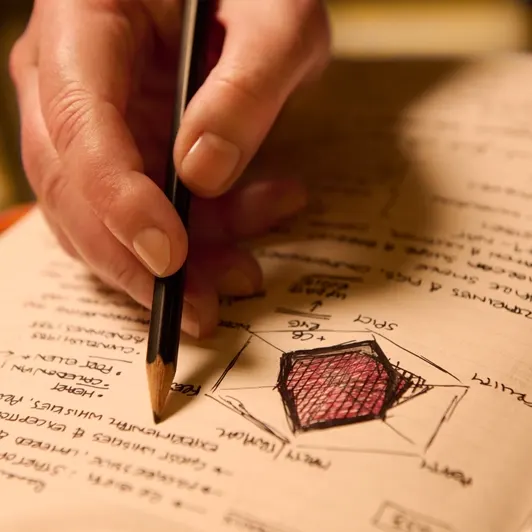 A hand holding a pencil is drawing on a notebook. The page features a red, hexagonal chart with labels and notes written around it in cursive. The scene is warmly lit, creating a focused, contemplative atmosphere.