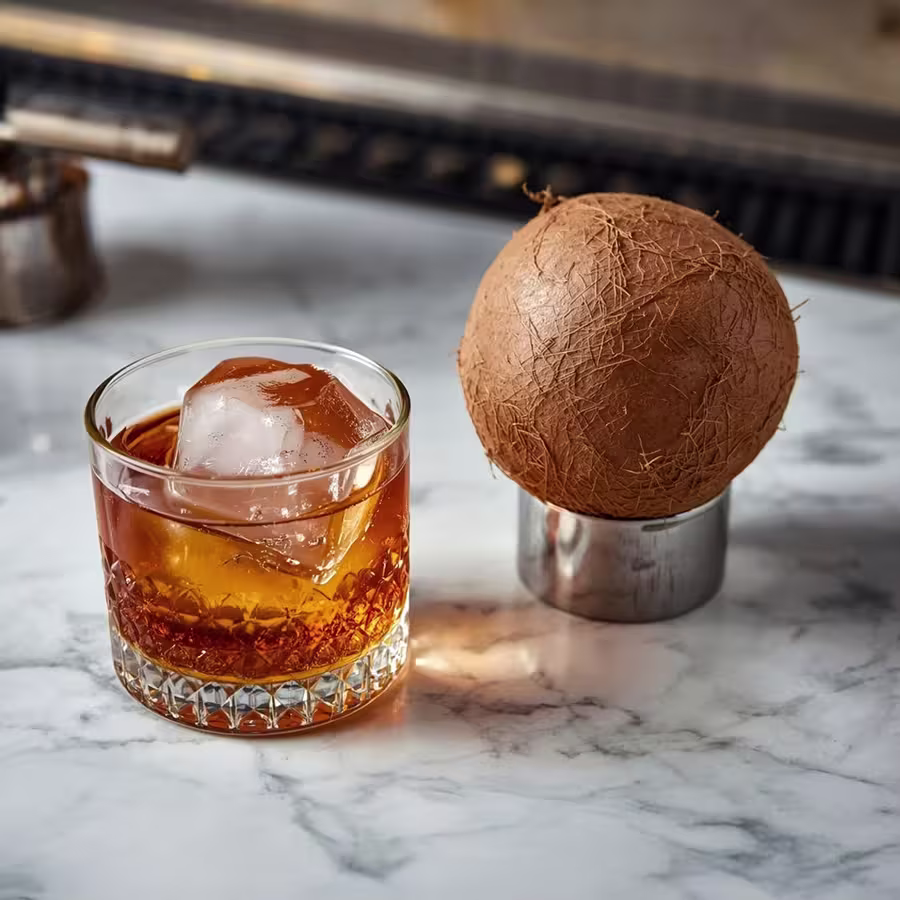 A dimly lit, stylish bar with arched shelves of bottles, art deco-inspired design, barstools, and tall floral arrangements, viewed through an open window from a seating area with dark-cushioned pillows in the foreground.