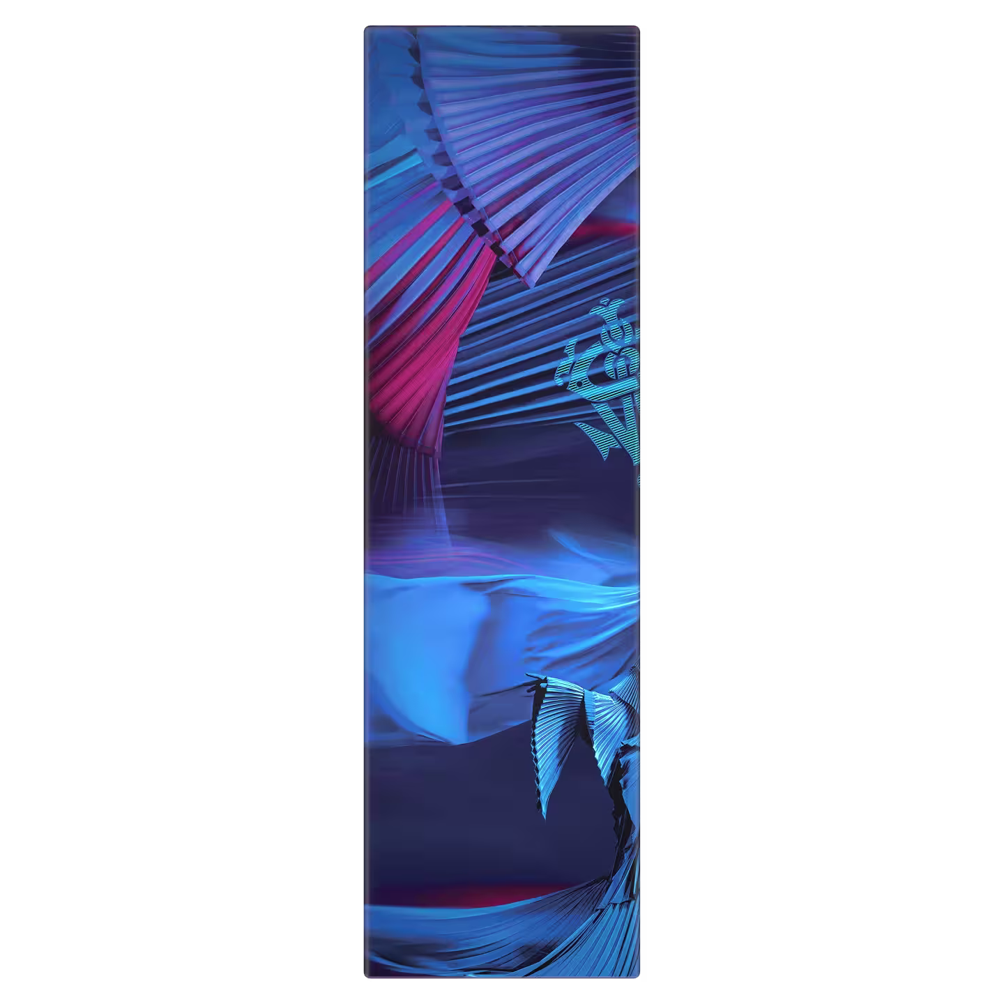 A rectangular yoga mat with an abstract design in shades of blue, purple, and pink, featuring curved, flowing lines and shapes resembling feathers or wings.