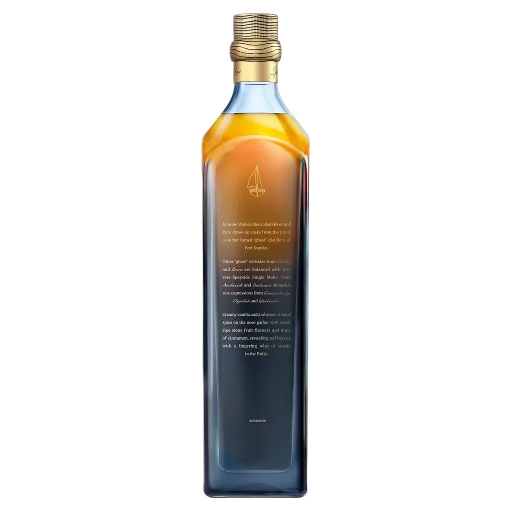 A tall, elegant Johnnie Walker Blue Label Ghost and Rare bottle with a gradient of orange and blue hues, featuring a gold cap. The bottle has a minimalist sailboat logo and fine print text, emphasizing luxury and craftsmanship.