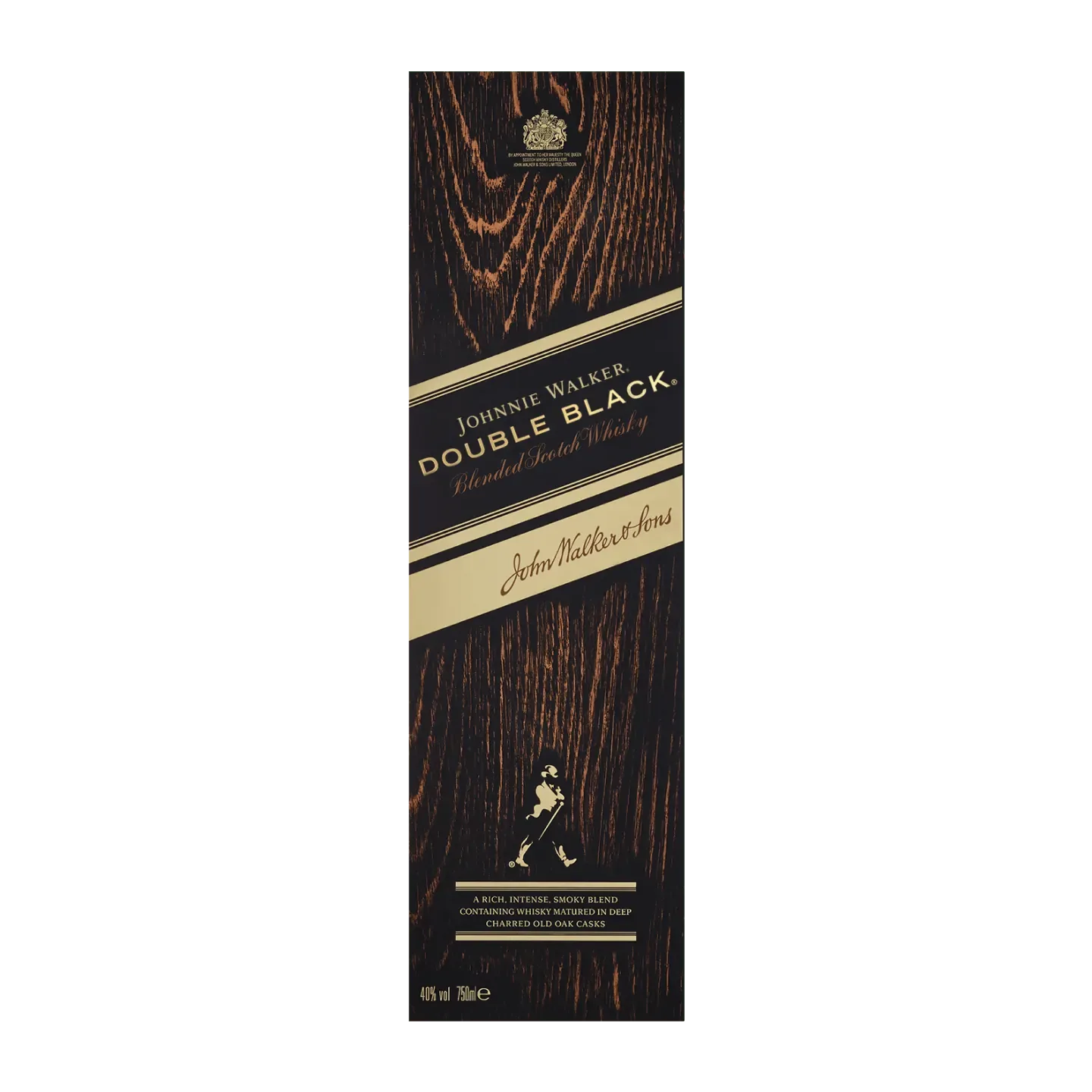 Tall, rectangular box of Johnnie Walker Double Black Blended Scotch Whisky with a wood texture background. It features gold and black labels with text, including the brand name and details about the whisky.