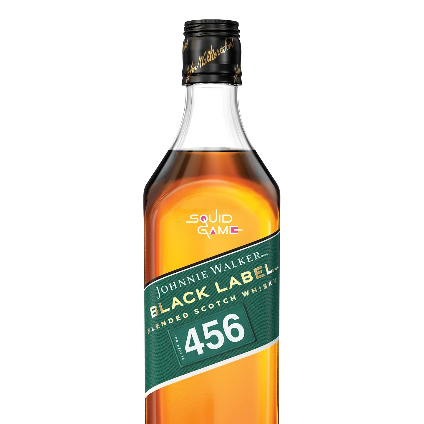 Johnnie Walker Black Label Squid Game Edition. A bottle of Johnnie Walker Black Label Blended Scotch Whisky with a green label and a 456 number. The cap has gold lettering, and the bottle also features Squid Game text in light purple and pink.