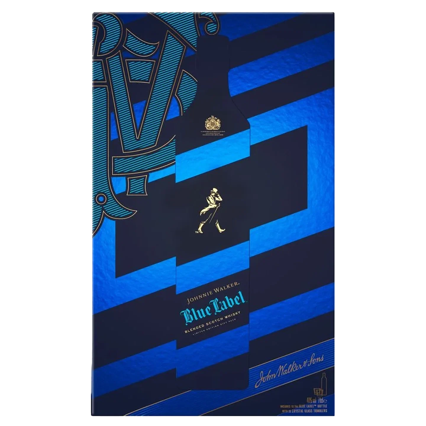 A Johnnie Walker Blue Label whisky box with gold and blue geometric patterns, a silhouette of a bottle, and the signature striding man logo in gold on a dark blue background.
