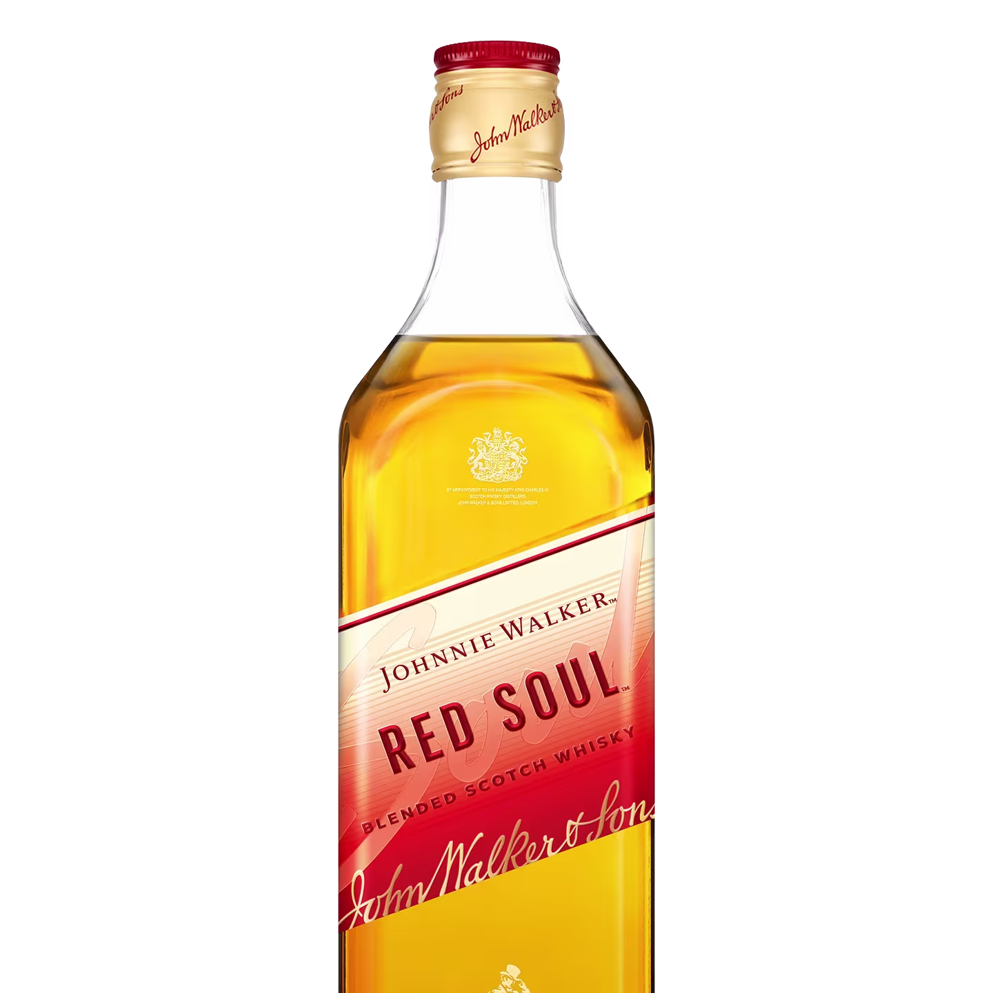 Láhev míchané skotské whisky Johnnie Walker Red Soul s červeno-krémovou etiketou.