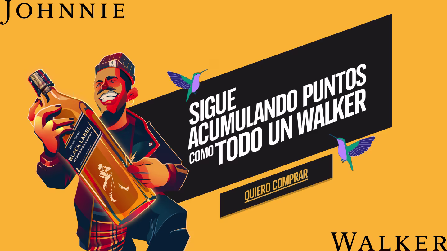 Una persona sostiene una botella grande de whisky Johnnie Walker, con el texto «Sigue acumulando puntos como todo un Walker» y «Quiero comprar» sobre un fondo amarillo. Dos colibríes vuelan alrededor de la figura.