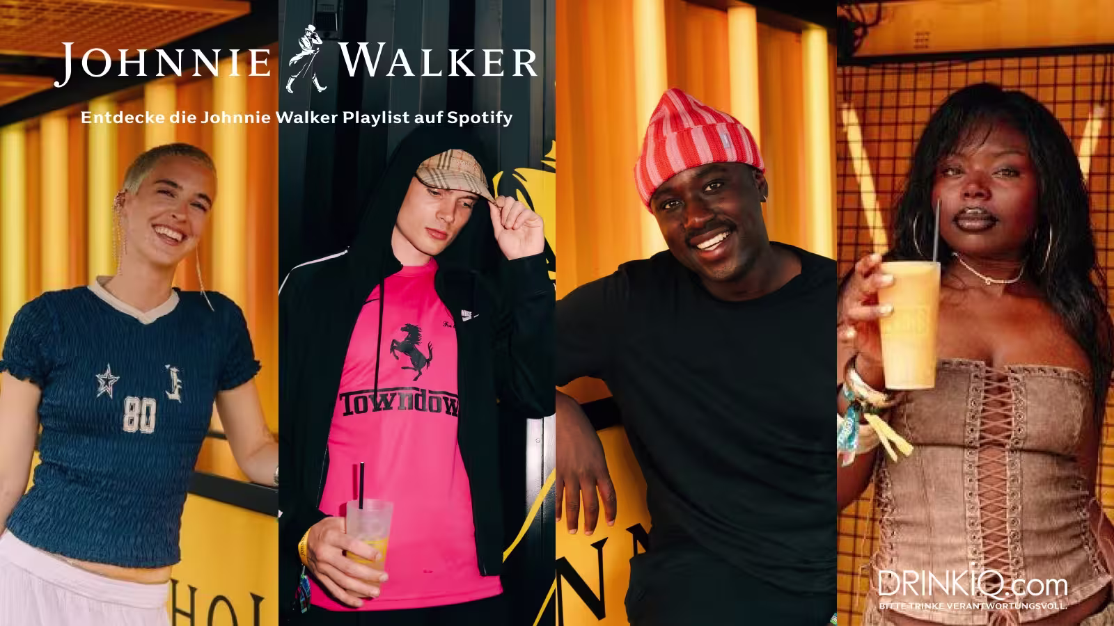 Vier stylische junge Erwachsene posieren mit Drinks in der Hand vor einem leuchtend gelb-schwarzen Johnnie Walker-Hintergrund. Oben steht der Schriftzug „Entdecke die Johnnie Walker Playlist auf Spotify“.