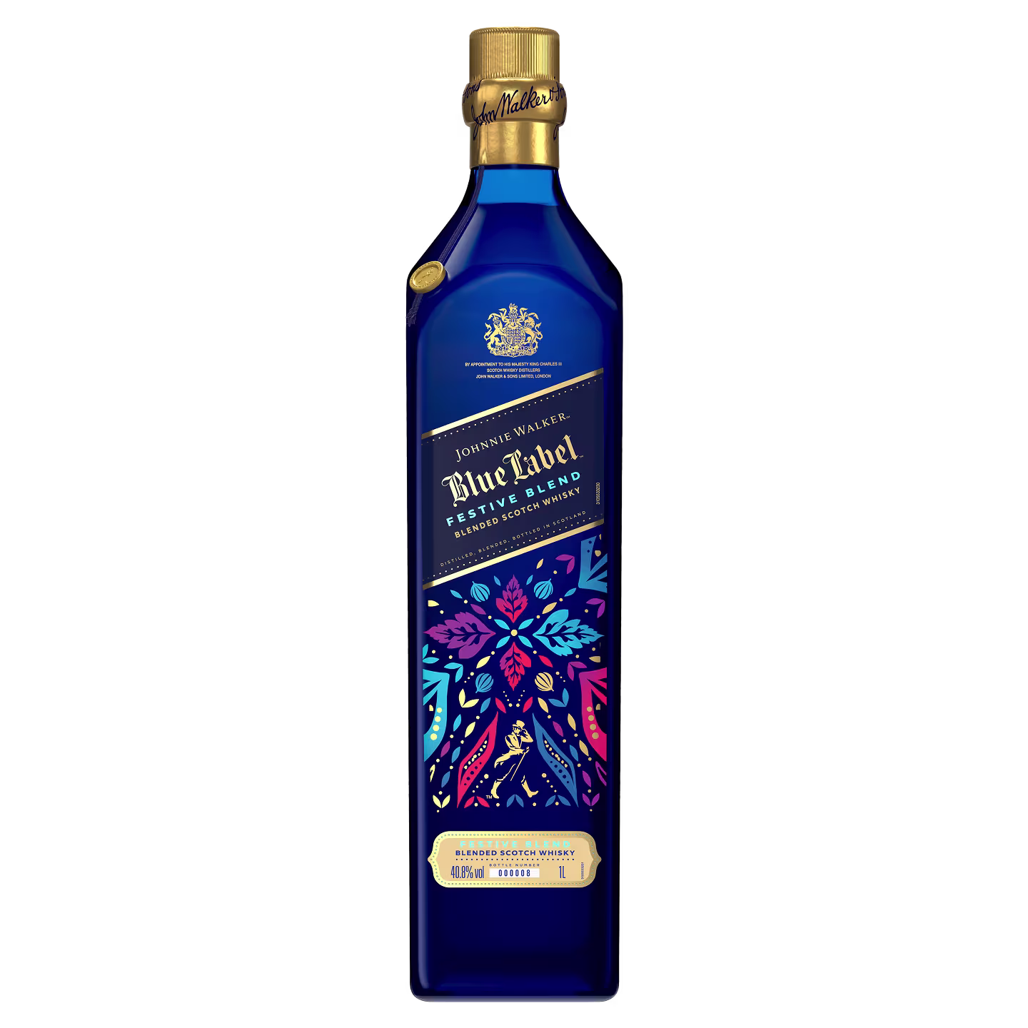 Front of the Johnnie Walker Blue Label Festive Blend bottle, a blue bottle with a gold cap and a vibrant floral pattern in teal, pink and red.