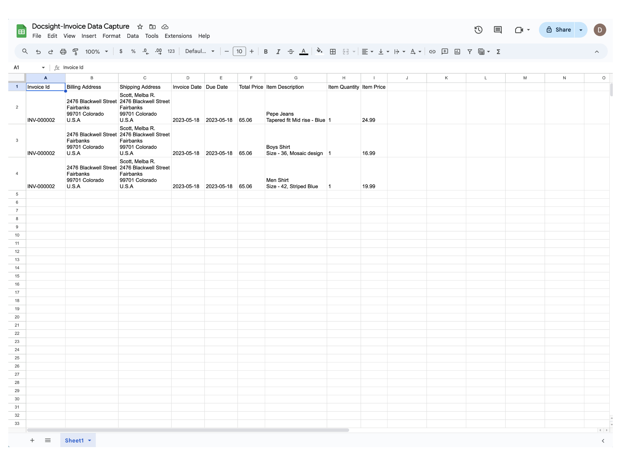 Invoice Data Captured in Sheets