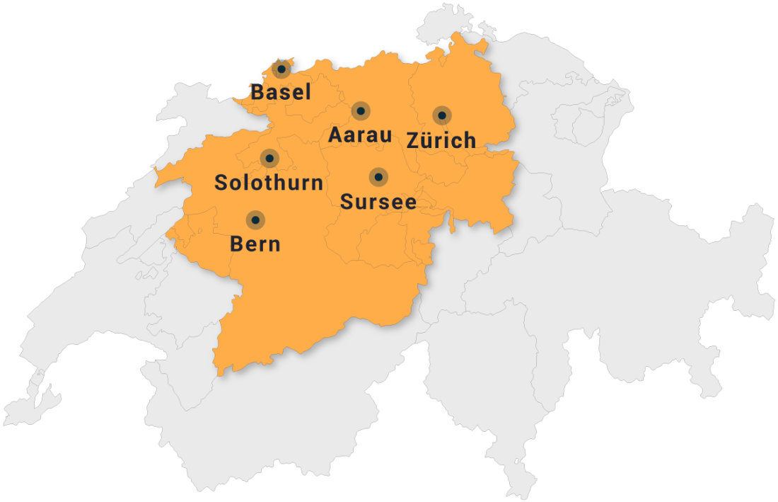 Schweizerkarte mit eingezeichneten Solarmacherstandorten in Aarau, Basel, Bern, Solothurn, Sursee und Zürich