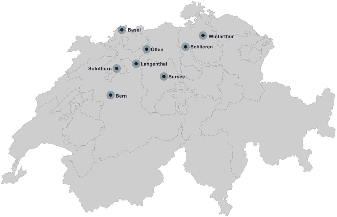 Schweizerkarte mit eingezeichneten Heizungsmacherstandorten in Aarau, Basel, Bern, Schlieren, Solothurn, Sursee, Winterthur und Zürich