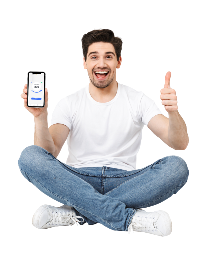 Man holding phone thumbs up