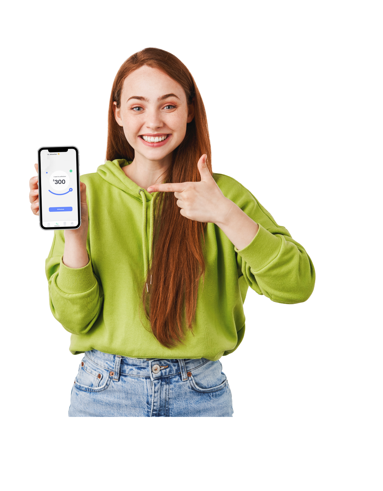Enthusiastic woman thumbs up with app