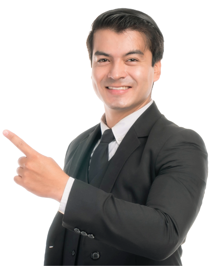 Man in suit pointing left