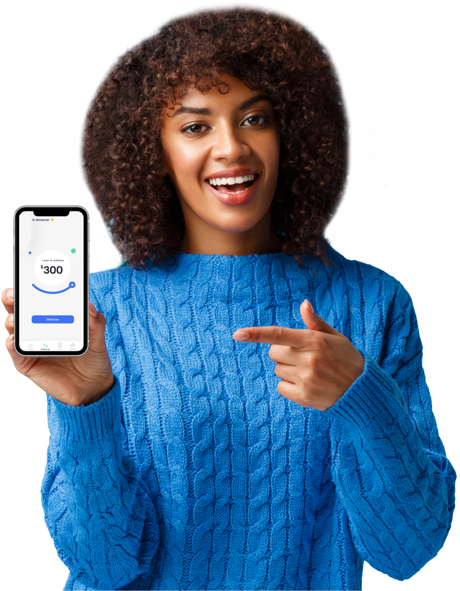 Blue sweater woman pointing