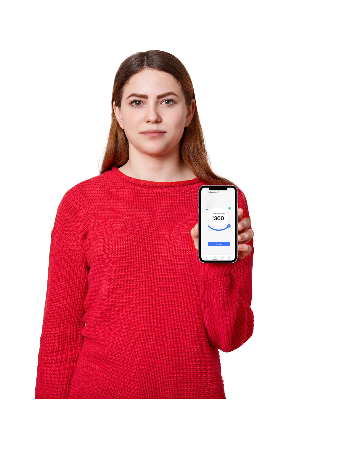Woman red sweater with app
