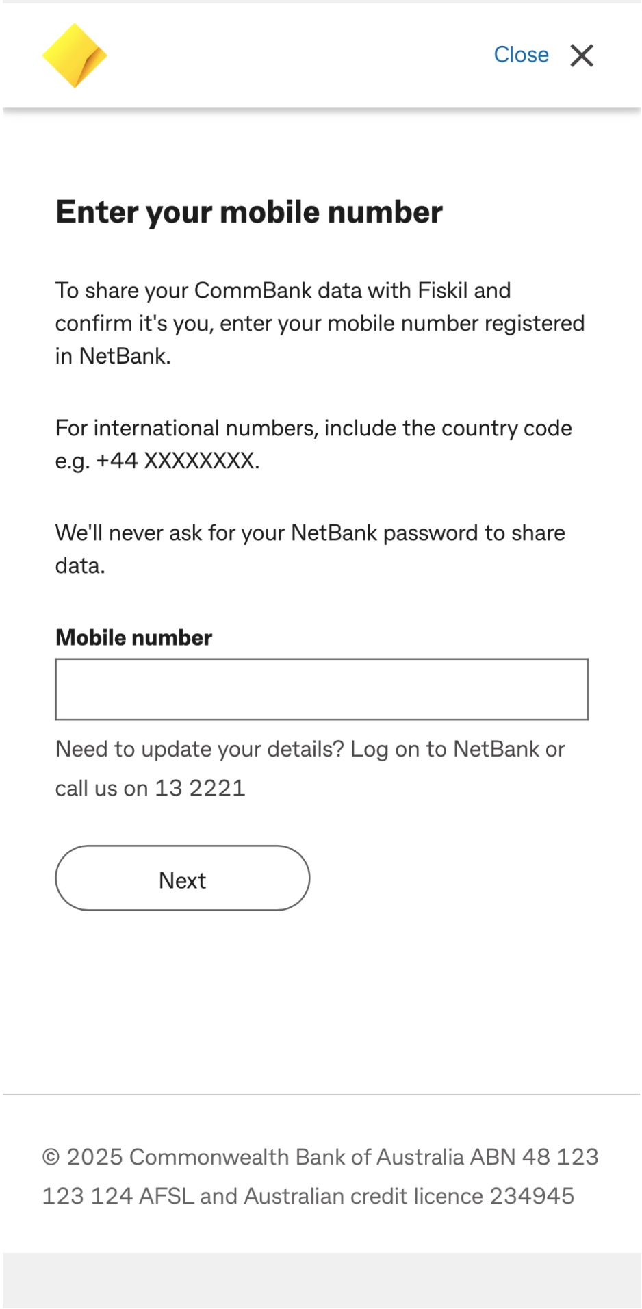 OpenBanking - CBA - Enter your mobile phone number.