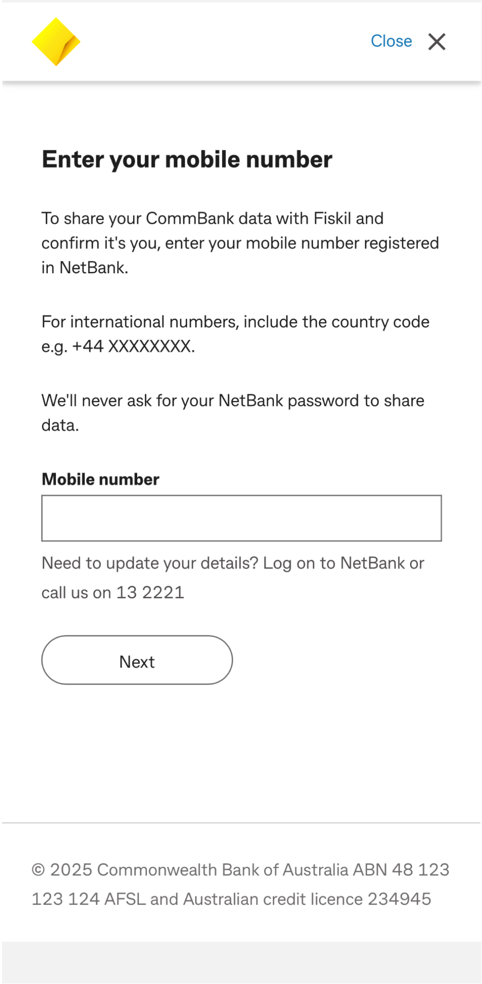 OpenBanking - CBA - Enter your mobile phone number.